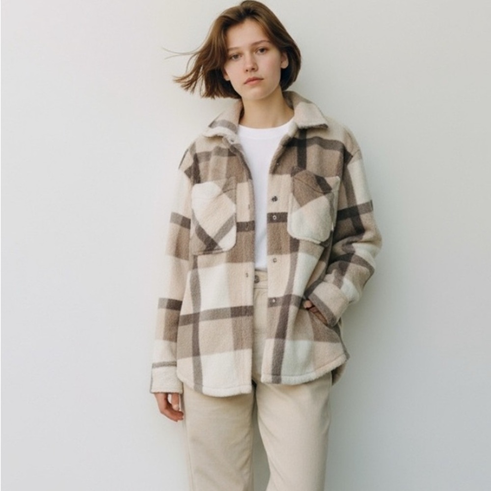 New Womens Plaid barn coat soft faux fur pockets Spring skimmer